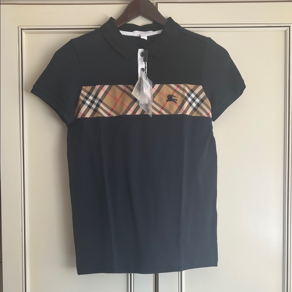 Burberry Navy Polo with Classic Beige Check Chest Stripe